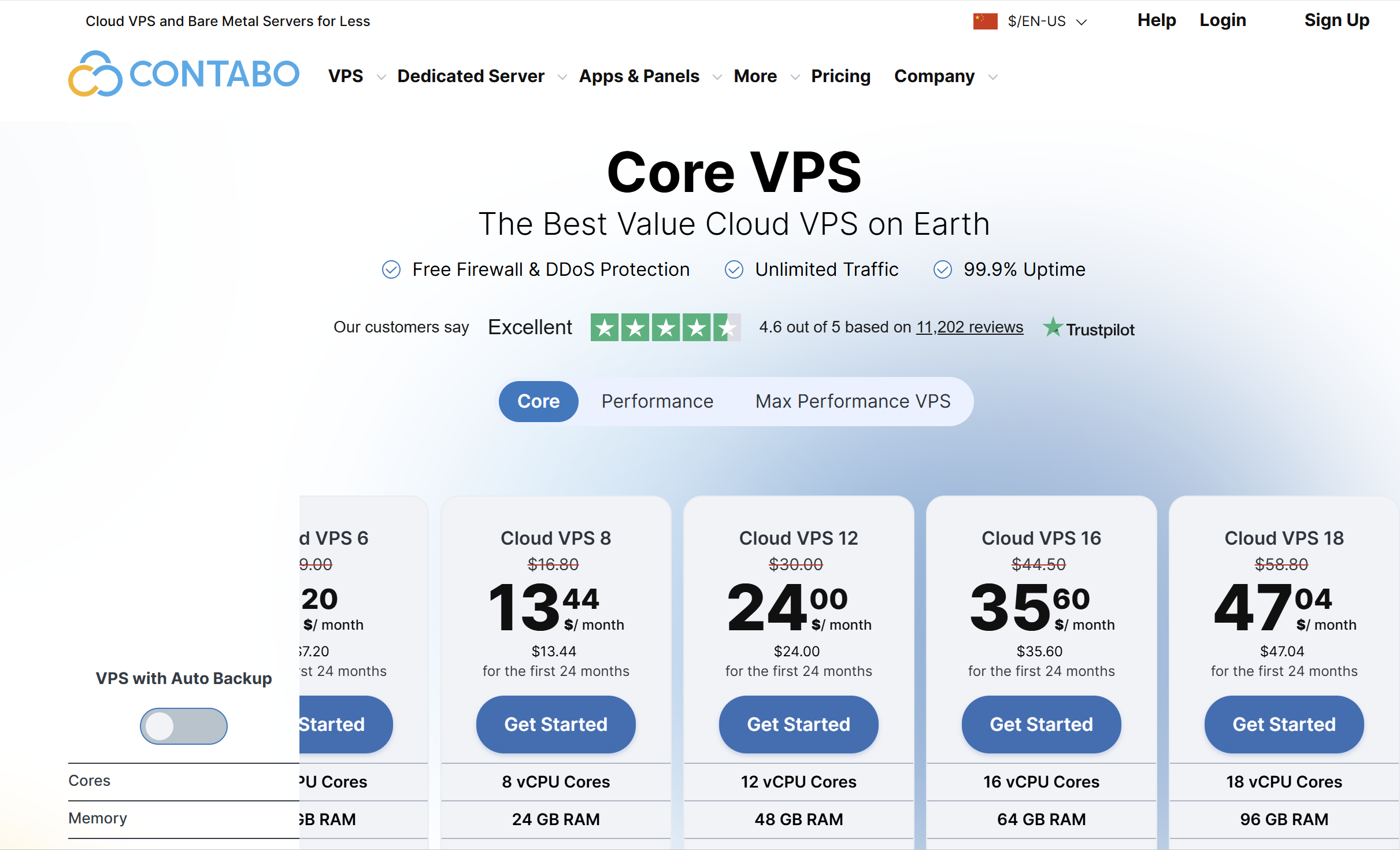 Contabo Core VPS pricing plans with CPU, RAM, SSD storage, and bandwidth details