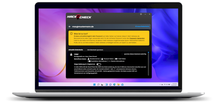 HackCheck account monitoring dashboard showing personal data protection